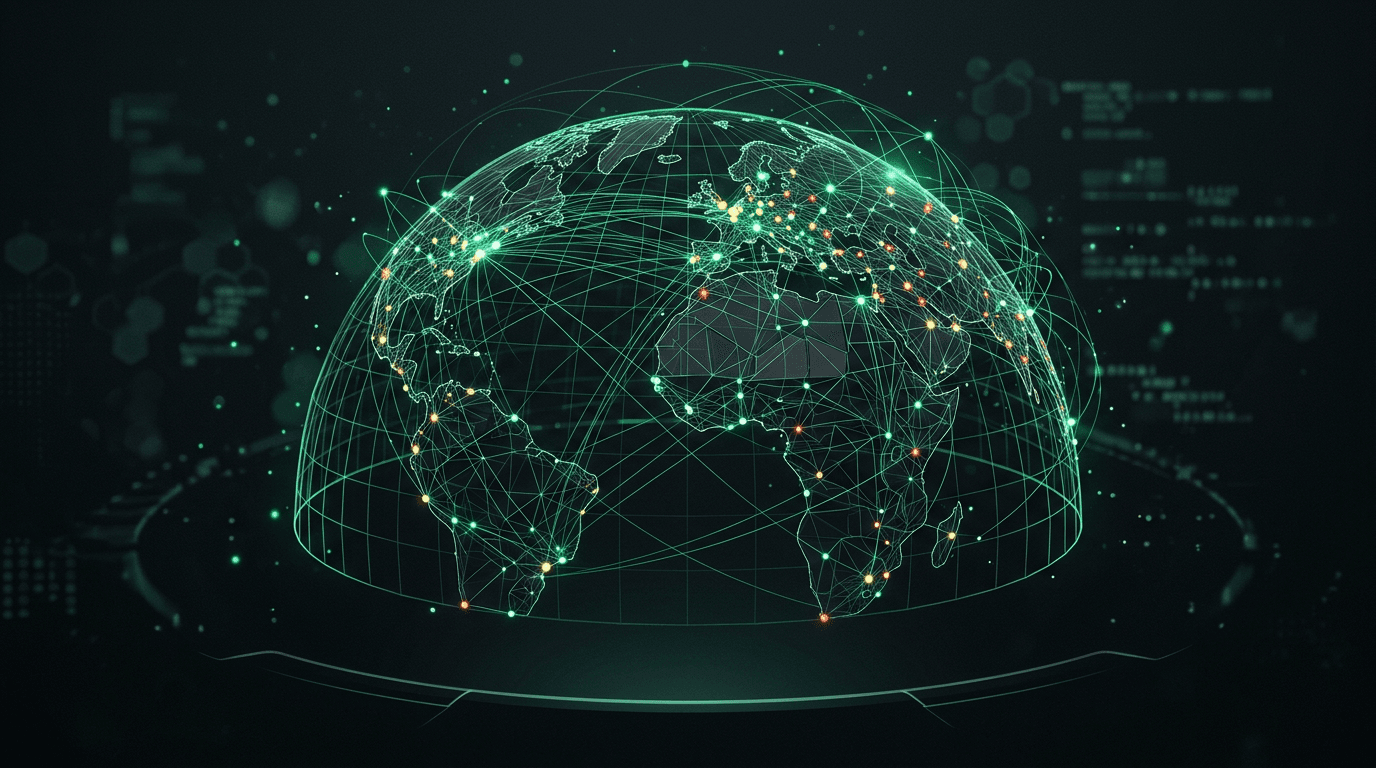 Abstract visualization suggesting a global threat data mesh